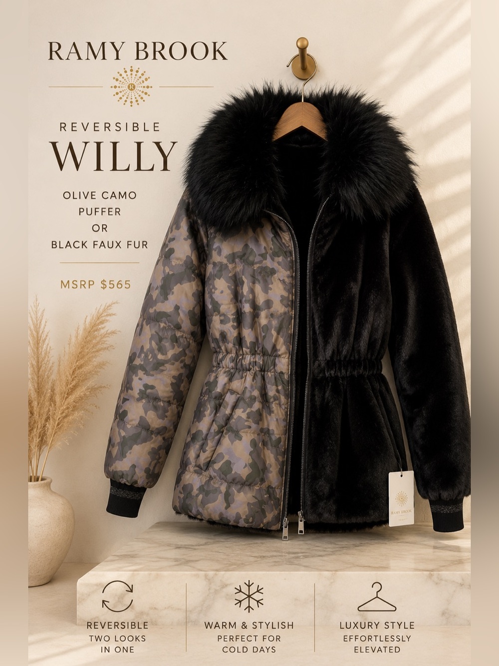Ramy Brook Printed Willy Reversible Faux Fur Puffer Jacket Olive Camo Size S